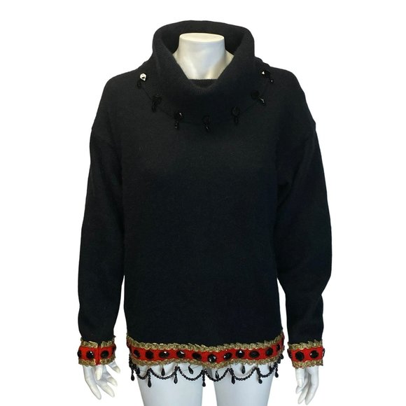 SPREE Sweaters - Vintage Black 80s Beaded Sweater Long Cowl Neck Size M Embellished SPREE Intl